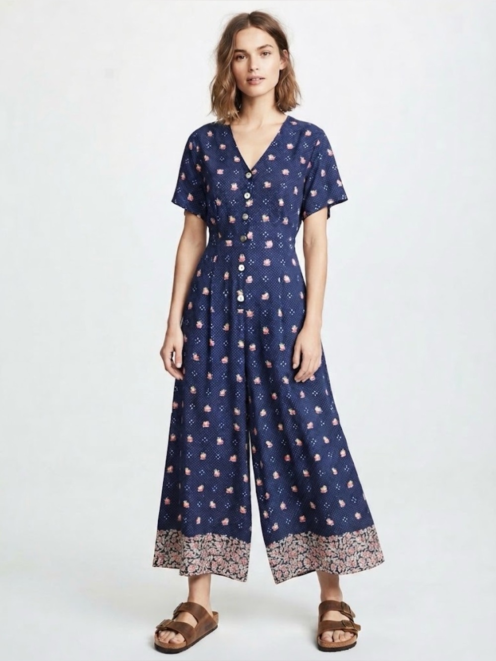 April Cornell Vintage Blue Floral Ditsy Print Button Front Jumpsuit Large